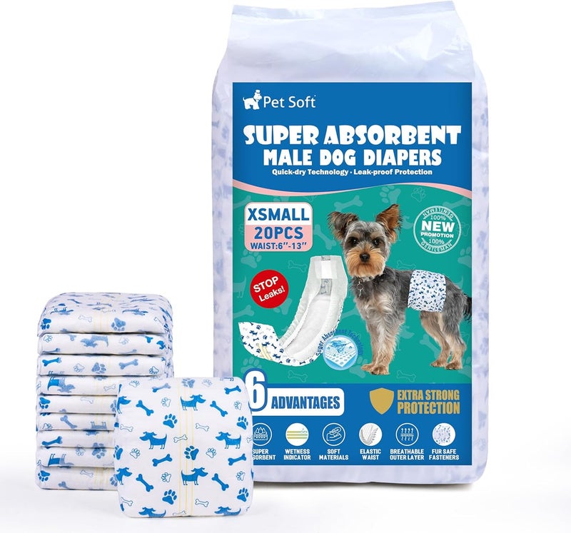 Pet Soft Male Dog Diapers - Disposable Male Dog Wraps Wetness Indicator, Puppy Diapers Male for Excitable Urination or Incontinence, 20pcs XSmall - Image 1